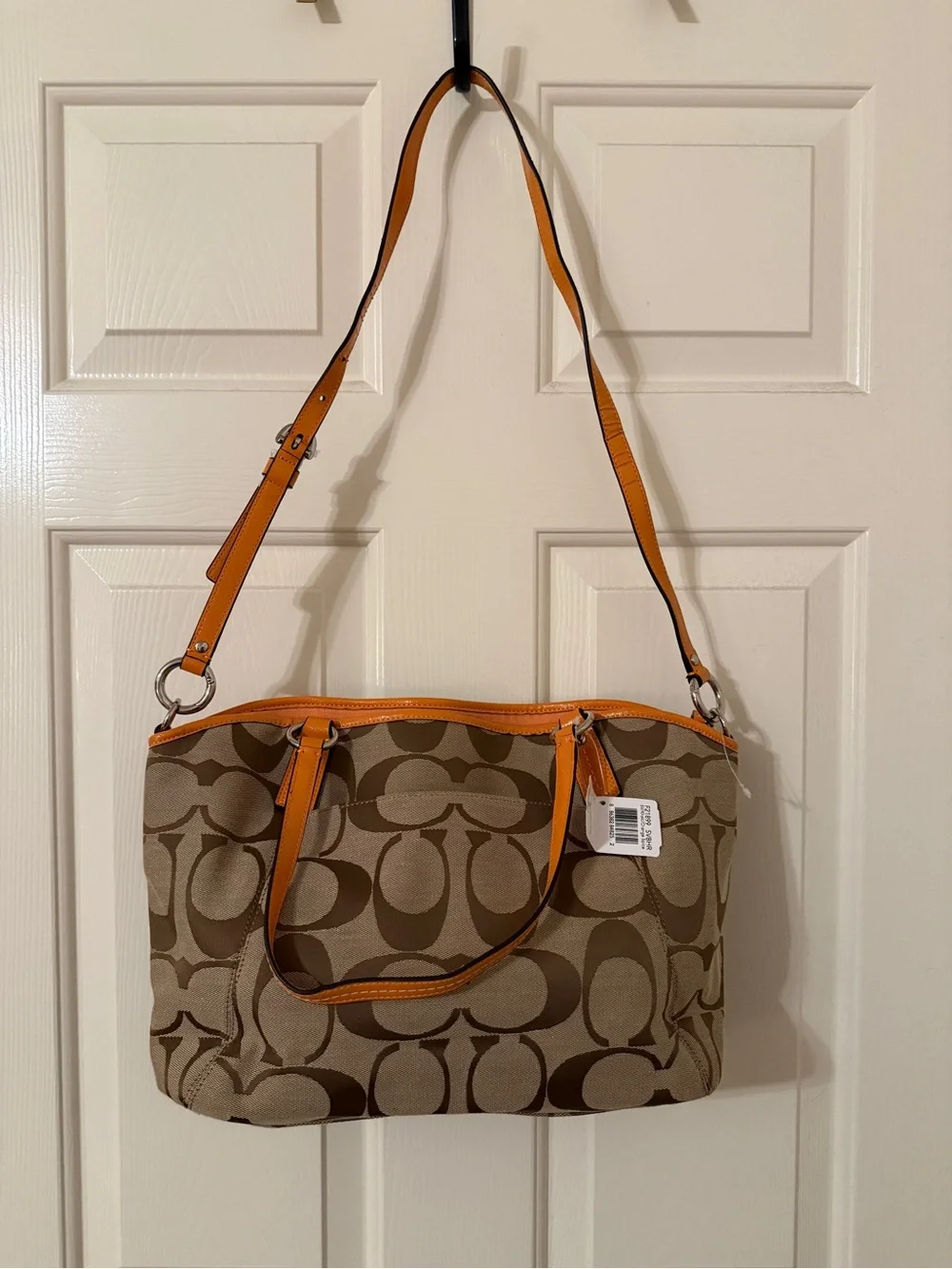 NWT Coach Signature Stripe Pocket Tote in Khaki and Orange Spice - Picture 4 of 9